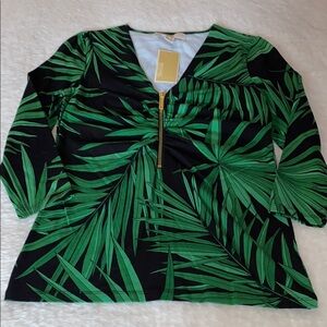 NWT Tropical Leaf Print “Palmeto Green” Michael KORS Top with Gold Zipper Sz S
